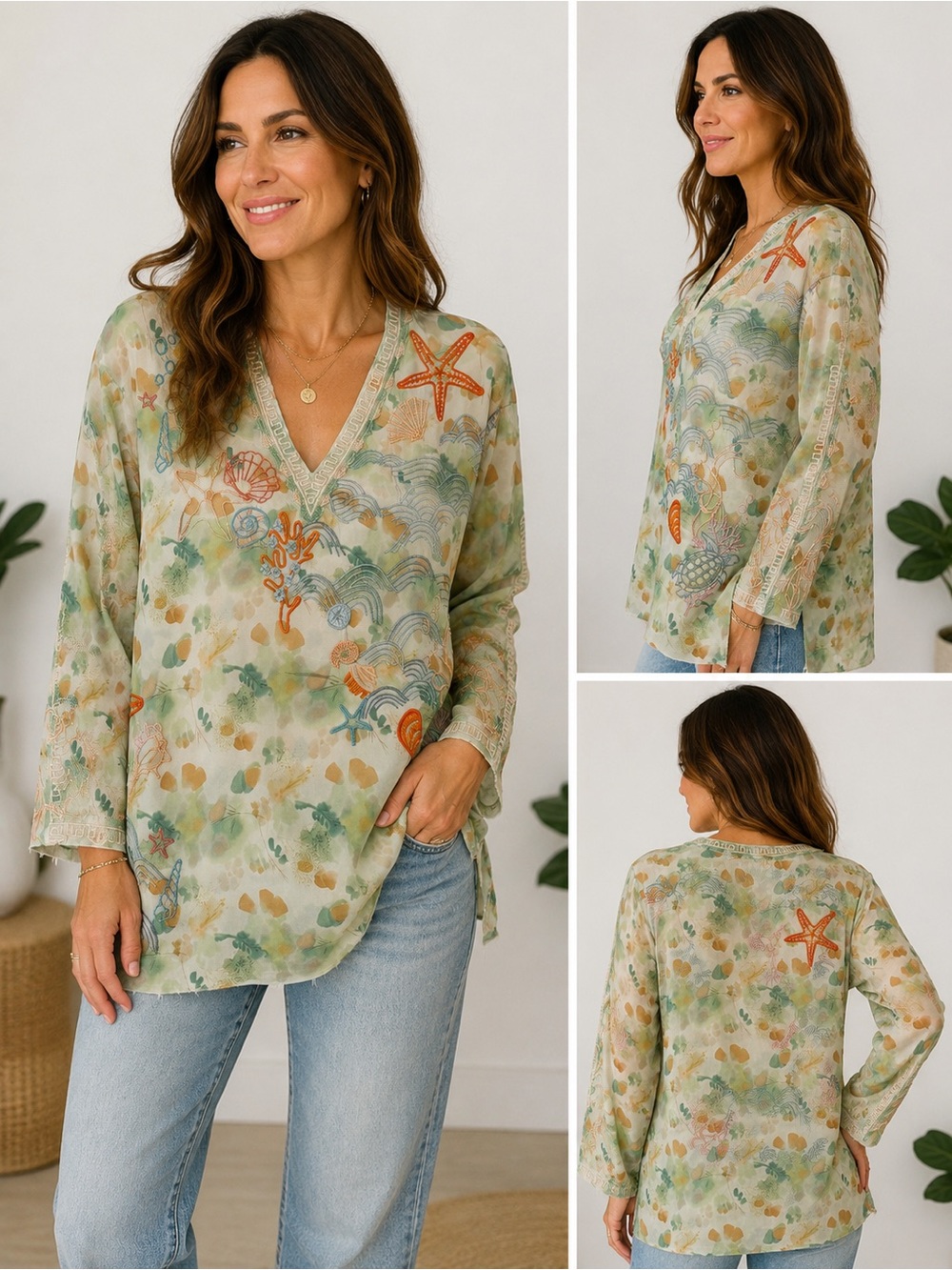 Johnny Was 100% Silk Sea Life Embroidered Tunic Blouse  Size S Boho Beach EUC